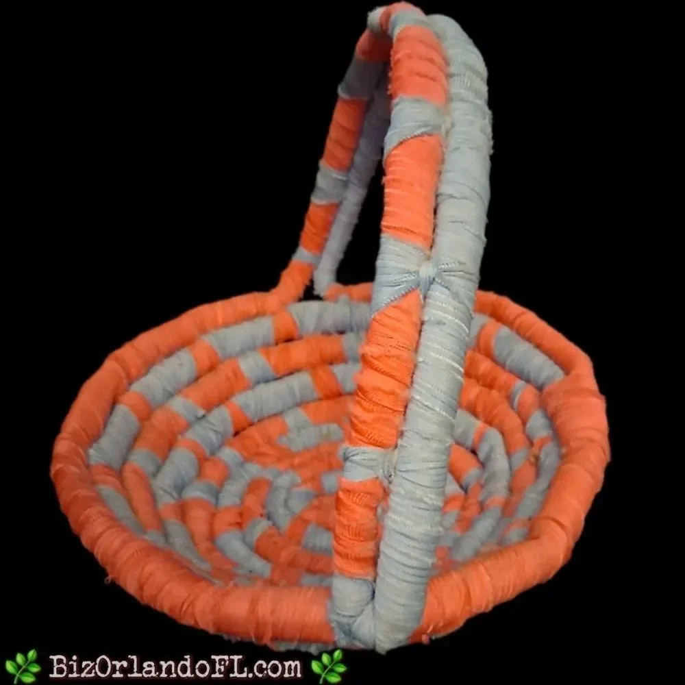 VINTAGE: Set of 2 Matching Nested Coiled Rope Basket in Coral & Blue Colors RARE